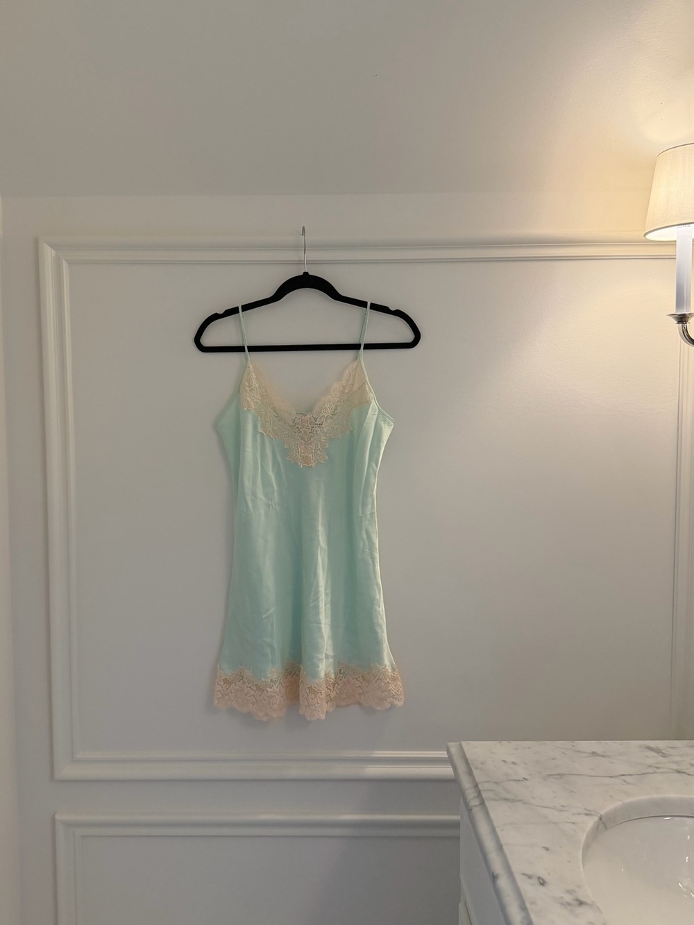 Ginia Mint Chemise nightgown with Cream Lace Trim 100% silk